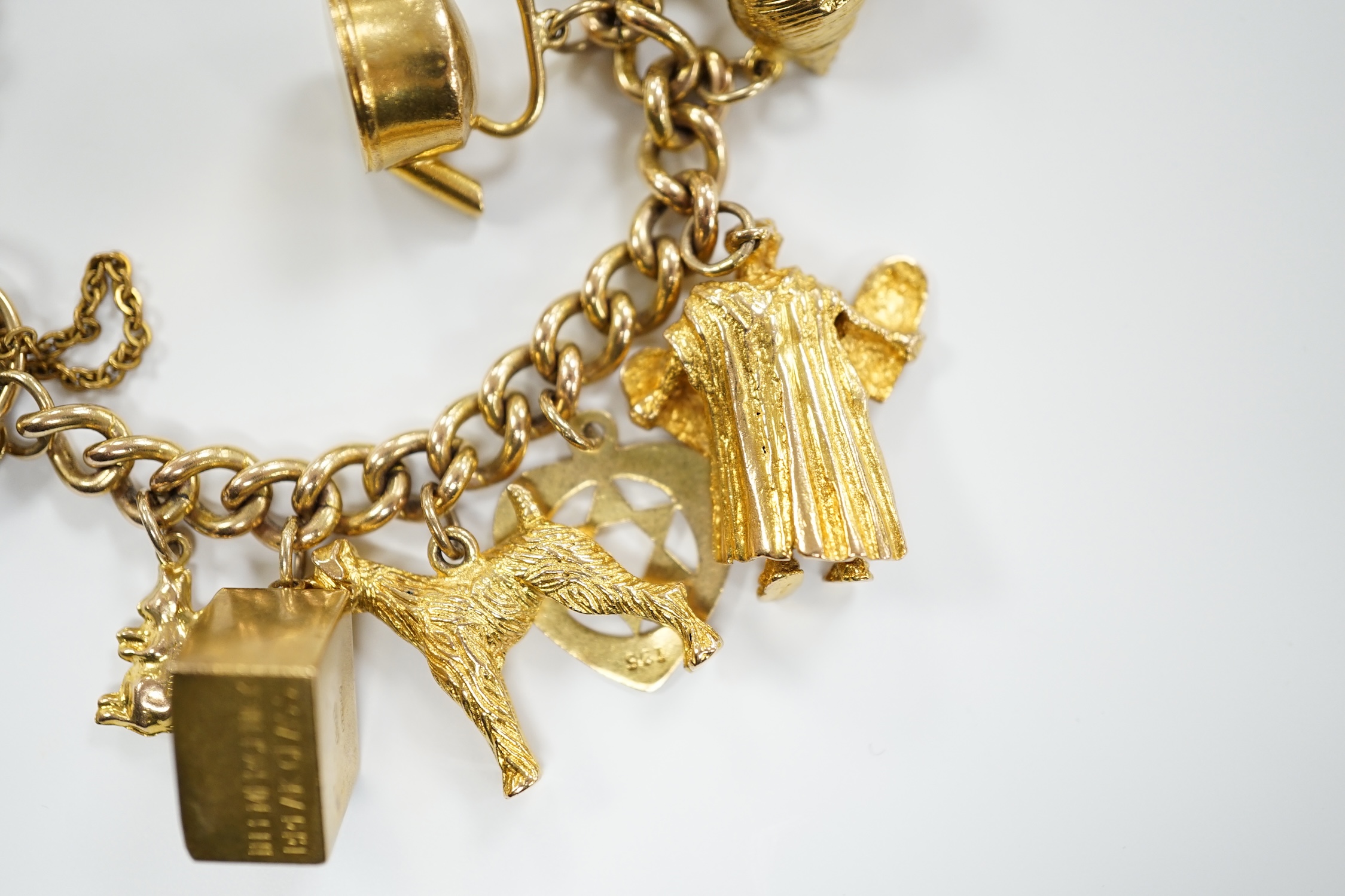 A 9ct gold curb link charm bracelet, with heart shaped padlock clasp and hung with assorted mainly 9ct gold charms